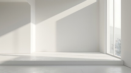 Minimalist interior design with a white wall, a large window, and a platform made of white tiles. Natural light streams through the window, casting a warm glow on the room.