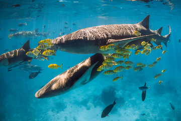 Fototapeta premium Yellow fish and nurse sharks in tropical sea. Sharks in Maldives