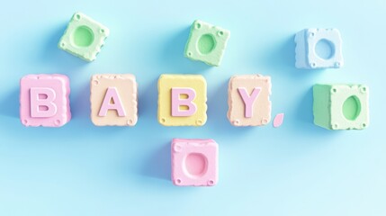 A fun design of pastel-colored baby blocks spelling "BABY," [baby blocks], [playful and cheerful]
