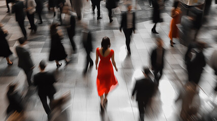 Obraz premium Elegant Woman in Neon Red Dress Walking Through a Crowd, Shot from Above with Blurred Motion and Black-and-White Suits in the Background.