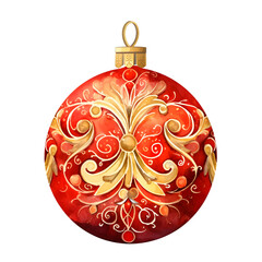 Vibrant Watercolor Illustrated Festive Red and Gold Patterned Christmas Bauble Ornament for Holiday Decor