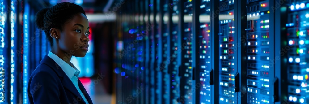 Poster young it professional monitoring network server technology in a data center with flashing lights