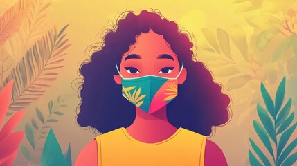 Cartoon character wearing a colorful mask outside to stay safe from germs