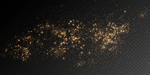 Sparks of dust and golden stars shine with special light. Vector sparks on transparent light background. Christmas light effect. Sparkling particles of magic dust.	