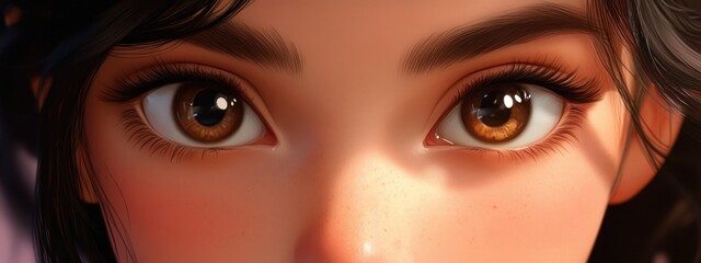 Naklejka premium A young cartoon woman with smooth skin is shown in a close up showcasing her enchanting brown eyes