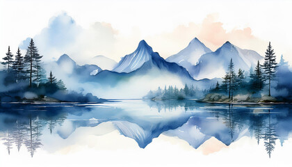Watercolor landscape with mist-covered mountain peaks, calm waters of a tranquil lake. Hand drawn
