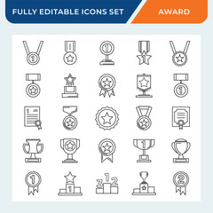 awards line icon set, trophy medal winner icon with editable stroke