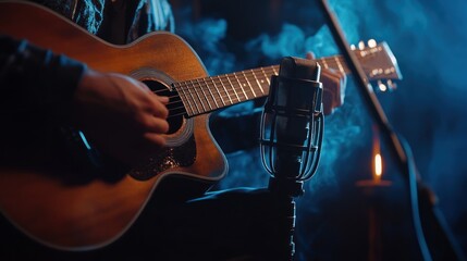 Obraz premium Acoustic Guitarist Performing in Smoky Atmosphere