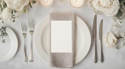 Elegant wedding table setting with a blank place card on a white plate. Perfect mockup for wedding invitations, event branding, or menu design in an upscale, refined atmosphere