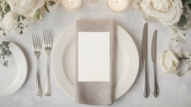Elegant wedding table setting with a blank place card on a white plate. Perfect mockup for wedding invitations, event branding, or menu design in an upscale, refined atmosphere