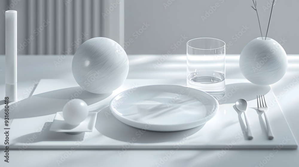Poster minimalist table setting with white objects.