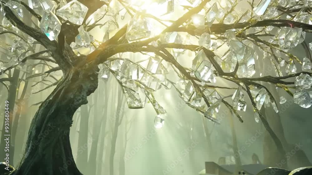 Poster crystal tree illuminated by sunlight in a mystical forest generative ai