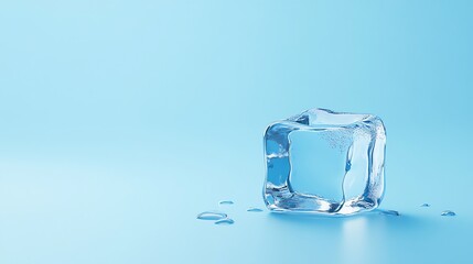 A single ice cube with some melted water drops on a light blue background.