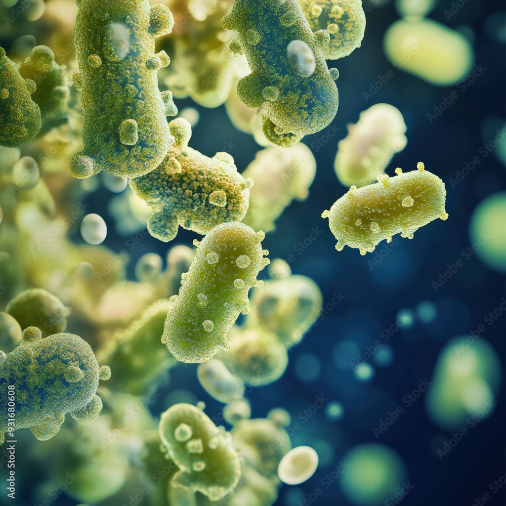 Poster bacteria are visible, displaying varied shapes and sizes, thriving in a dynamic microscopic setting 