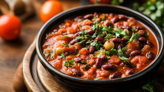 Traditional Turkish dish: Barbunya Pilaki, a delicious red kidney bean stew cooked with olive oil. --ar 16:9 --v 6.1 Job ID: 83105b00-2339-4373-bd08-11153376203a