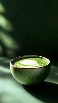 A bowl of matcha latte on a green surface. 