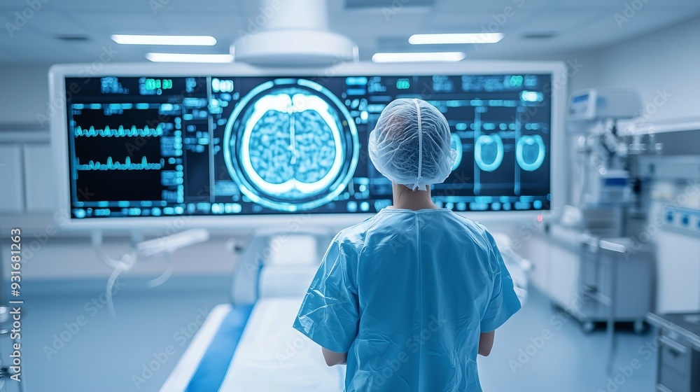 Poster medical professional analyzing brain scan on a large digital screen using ai-assisted diagnostic ima