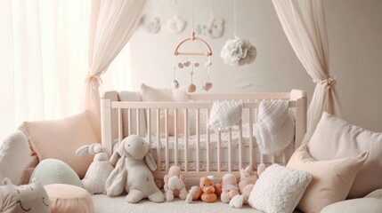 A sweet scene of a baby crib surrounded by soft pillows, a mobile, and plush toys, all in gentle pastel tones, [baby crib setup], [peaceful and cozy]