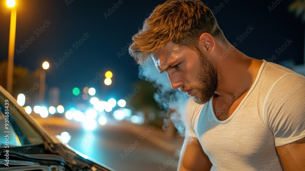 Canvas Prints A man with a beard looking at the hood of his car, AI