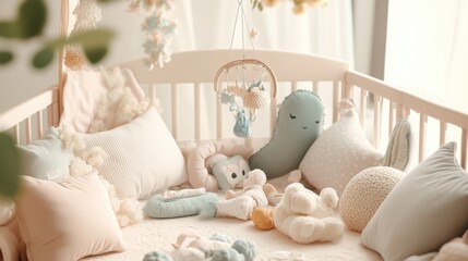 A charming baby crib setup with soft pillows, a mobile, and plush toys, all in pastel hues, [baby crib setup], [peaceful and cozy]