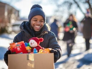 Smiling Volunteer Donating Toys on a Sunny Winter Day During Community Charity Event