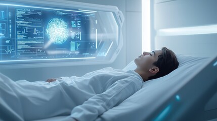 Patient in futuristic medical setting with advanced diagnostics, highlighting precision medicine and cutting-edge treatment.