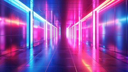 Vibrant Neon Corridor with Reflective Surfaces Background