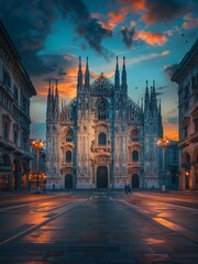 Fototapeta premium A beautiful view of the Milan Cathedral at dusk, with a soft hue of pink and blue in the sky.