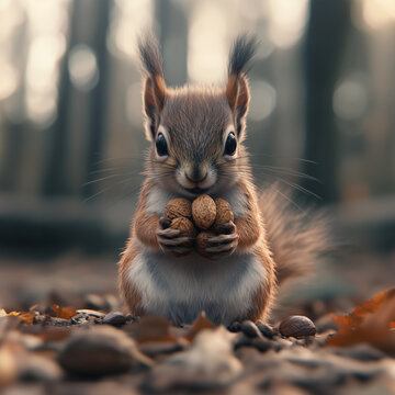 cute red fluffy squirrel holding nut in winter, snowy winter day in the forest, stock up on food for the winter, saving money	