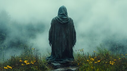 Fototapeta premium A mysterious figure in a hooded cloak standing at the edge of a misty forest