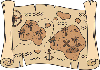 Cartoon groovy pirate and corsair treasures map. Vector worn fantasy vintage parchment with sea, land, Caribbean islands, wind rose and ship anchor. Isolated old, antique, medieval paper adventure map