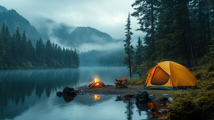 A picturesque Labor Day camping scene by a lake, with tents and campfires