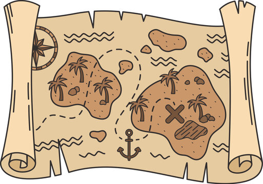 Cartoon groovy pirate and corsair treasures map. Vector worn fantasy vintage parchment with sea, land, Caribbean islands, wind rose and ship anchor. Isolated old, antique, medieval paper adventure map