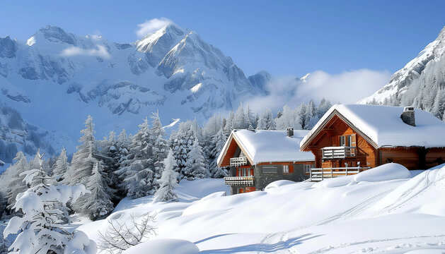 Dessin d'un paysage hivernal sous la neige avec des petits chalets dans les montagnes