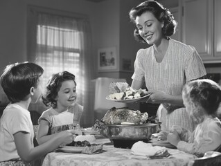 Vintage 1950s Family Dinner with Mother Serving Roasted Chicken