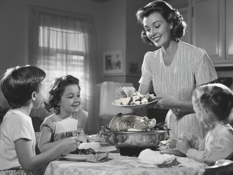 Vintage 1950s Family Dinner with Mother Serving Roasted Chicken