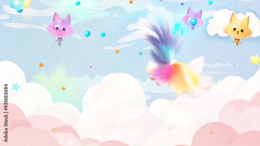 Aufkleber cute cartoon characters playing in colorful clouds during daytime generative ai