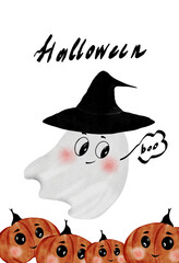 Halloween card cute. Hand drawn kawaii ghost and cartoon pumpkins. Clip art of the face of a typical little monster isolated on a white background. Ideal for decorating invitations and cards for