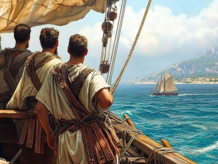 Ancient Roman Sailors Navigating the Mediterranean Sea on a Wooden Ship