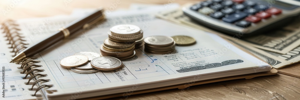 Fototapete cash, coins, and a notebook filled with notes and calculations lay on a wooden table during a focuse
