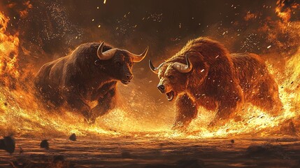 Epic Showdown: Bull vs. Bear – A Captivating Poster of Fierce Beasts Engaged in Battle, Perfect for Sports Interiors and Adding Dynamic Energy to Any Space