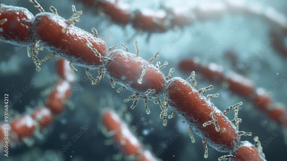 Poster microscopic view shows bacteria linked together in chains, showcasing their unique structure and int