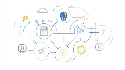 Simplified graphic depicting various interconnected elements such as documents, charts, and icons representing collaboration, data analysis, communication, and innovation in a digital network.