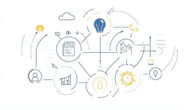 Simplified graphic depicting various interconnected elements such as documents, charts, and icons representing collaboration, data analysis, communication, and innovation in a digital network.