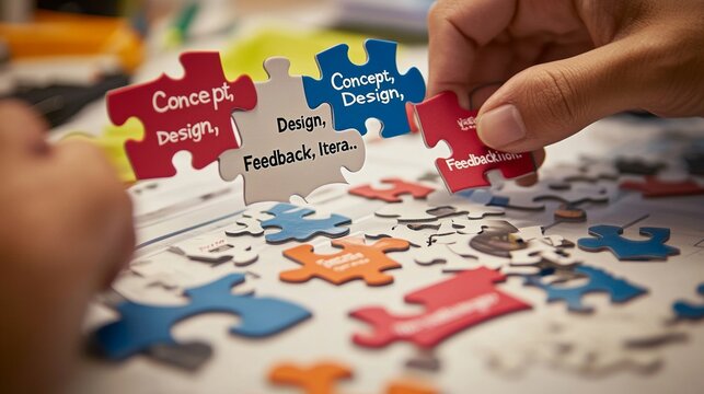 Hands assembling puzzle pieces labeled "Concept, Design, Feedback, Itera..." symbolizing the collaborative process of developing ideas and projects through teamwork and iterative design.