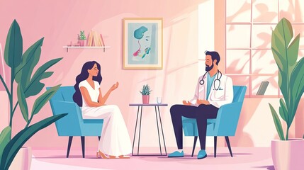 Young woman in a white dress sitting on a blue chair talking to a doctor in a medical coat, flat vector illustration of interior design with decoration elements. AI generated illustration