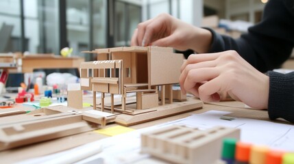 A person carefully crafting an architectural model, meticulously placing small components to assemble a detailed miniature structure in a workshop setting.