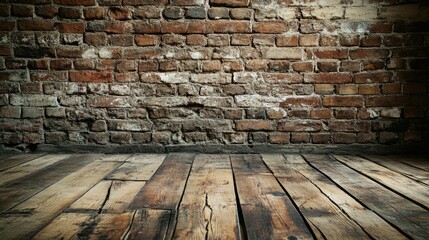 An aged brick wall and a rustic wooden floor, combining to form a textured and earthy background.