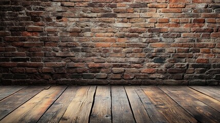 Fototapeta premium An aged brick wall and a rustic wooden floor, combining to form a textured and earthy background.