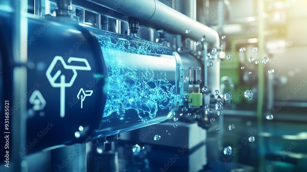 Poster a close up view of an electrolyzer in action separating water into hydrogen and oxygen using renewab
